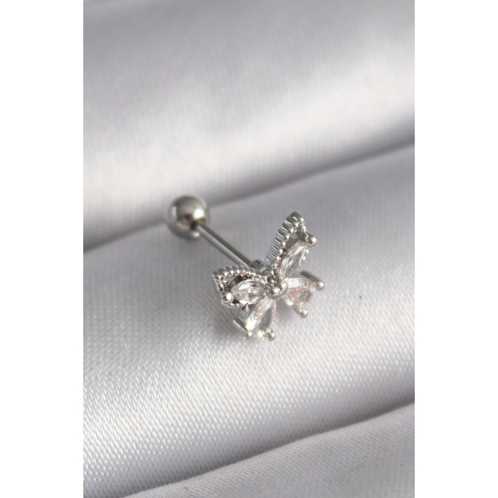 316L Çelik Gümüş Renk Zirkon Taşlı Kelebek Tragus Piercing - Lisinya