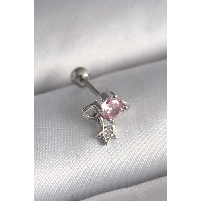 316L Çelik Gümüş Renk Pembe Zirkon Taşlı Sallantı Yıldız Detay Tragus Piercing - Lisinya