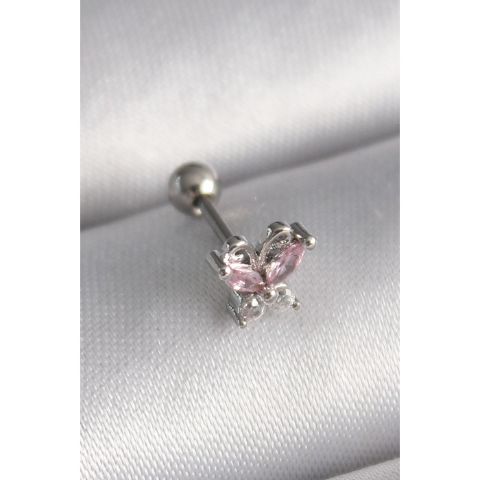 316L Çelik Gümüş Renk Pembe Zirkon Taşlı Kelebek Tragus Piercing - Lisinya