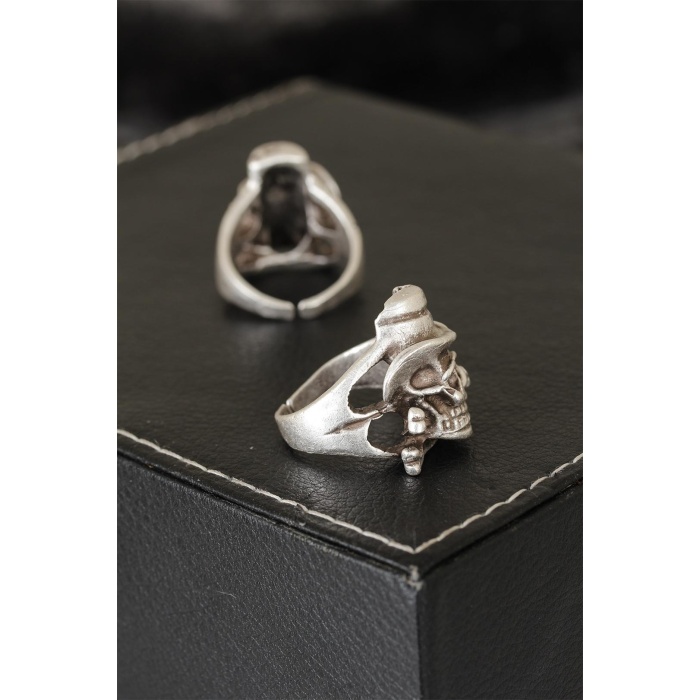 Kuru Kafa Tasarımlı Eskitme Gümüş Renkli Ayarlamalı Model Erkek Yüzük - Lisinya