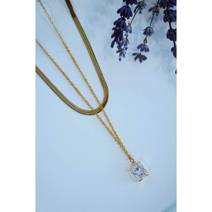 Altın Renk Baget Taşlı İtalyan Bakla Zincir Kadın Çelik Kolye – Lisinya