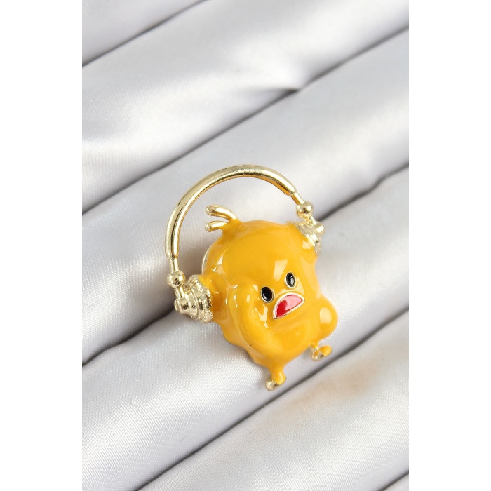 3D Kulaklıklı Sarı Civciv Figürlü Gold Renk Kadın Broş - Lisinya