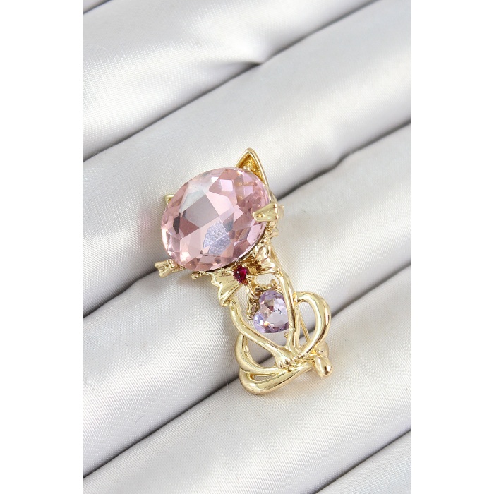 Pembe Zirkon Taşlı Kap Detaylı Kedi Figürlü Gold Renk Kadın Broş - Lisinya