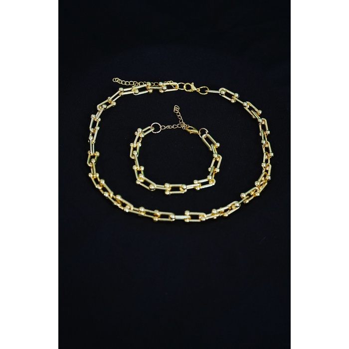 Gold Renk Kadın Kalın Zincir Takı Seti Kolye ve Bileklik 2li