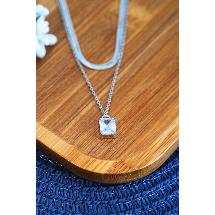 Bakla Model Zirkon Baget Taşlı Zincir Çelik Kolye