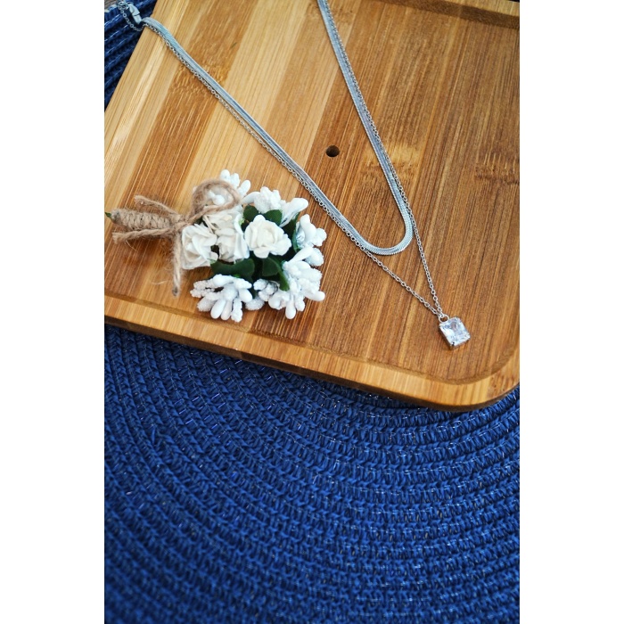 Bakla Model Zirkon Baget Taşlı Zincir Çelik Kolye