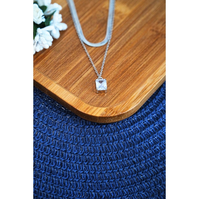 Bakla Model Zirkon Baget Taşlı Zincir Çelik Kolye