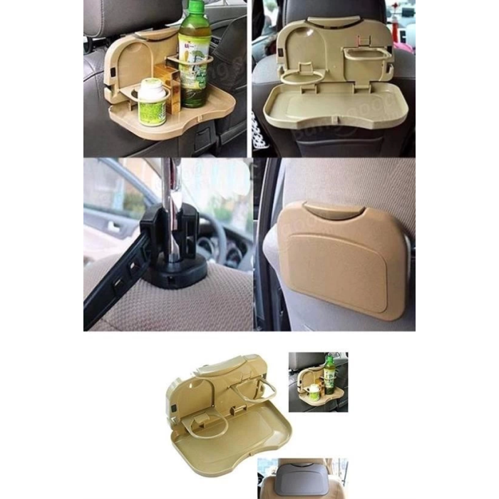 Araç İçi Koltuk Arkası Katlanabilir Bardak Tutuculu Bej Tepsi ( Lisinya )