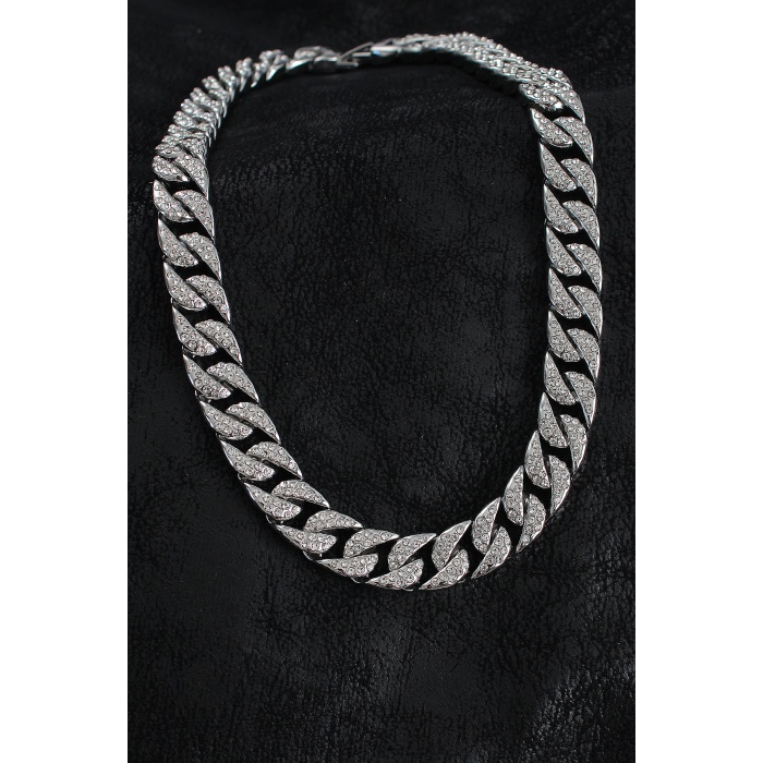 Pirinç Zirkon Taşlı Cuba Gurmet Model Gümüş Renk Erkek Kolye - Lisinya