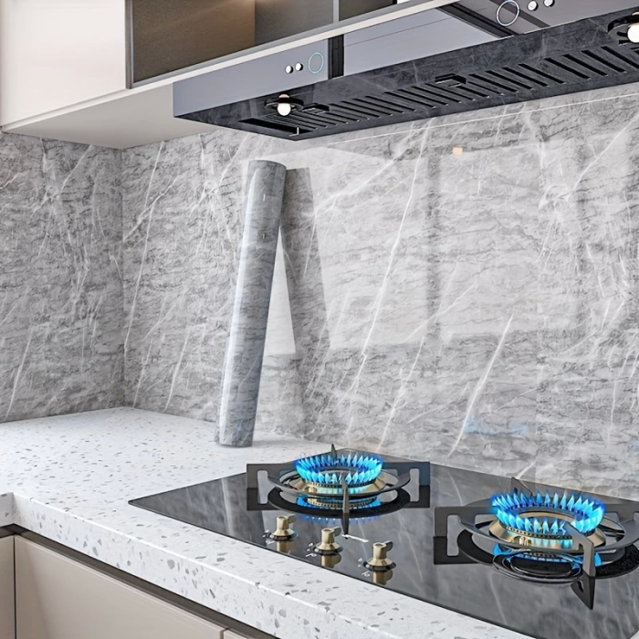 Mermer Desenli Mutfak Duvar Kağıdı Sticker - 5mx60cm Su Geçirmez, Yağa Dayanıklı, Yüksek Sıcaklığa Dayanıklı Tezgah, Dolap, Ocak Yenileme Folyosu T04 ( Lisinya )
