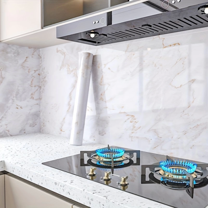 Mermer Desenli Mutfak Duvar Kağıdı Sticker - 5mx60cm Su Geçirmez, Yağa Dayanıklı, Yüksek Sıcaklığa Dayanıklı Tezgah, Dolap, Ocak Yenileme Folyosu T04 ( Lisinya )