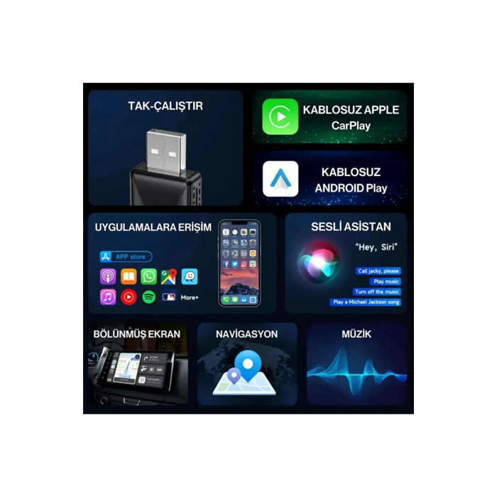 Kablosuz CarPlay & Android Auto Adaptörü - Apple ve Android Cihazlar İçin Evrensel Wireless Carplay Çevirici ( Lisinya )
