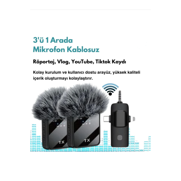 Yüksek Kalite Profesyonel 3 In 1 Kablosuz Taşınabilir Yaka Mikrofonu Tüylü - Lisinya