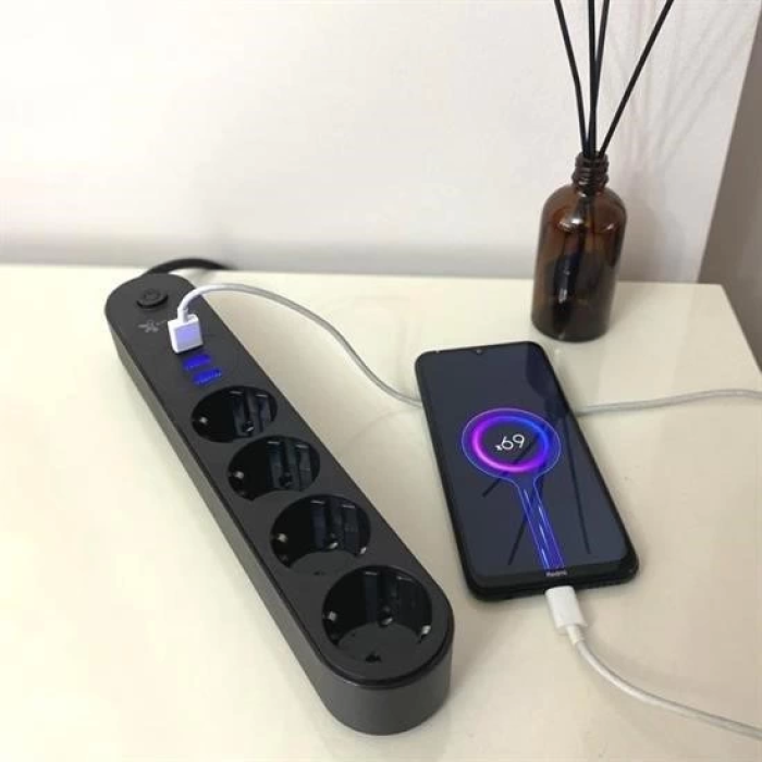 4lü Siyah Anahtarlı 3 Usb Li Akım Korumalı Topraklı Çocuk Korumalı Grup Priz 2 Metre ( Lisinya )