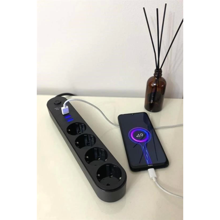 4lü Siyah Anahtarlı 3 Usb Li Akım Korumalı Topraklı Çocuk Korumalı Grup Priz 2 Metre ( Lisinya )