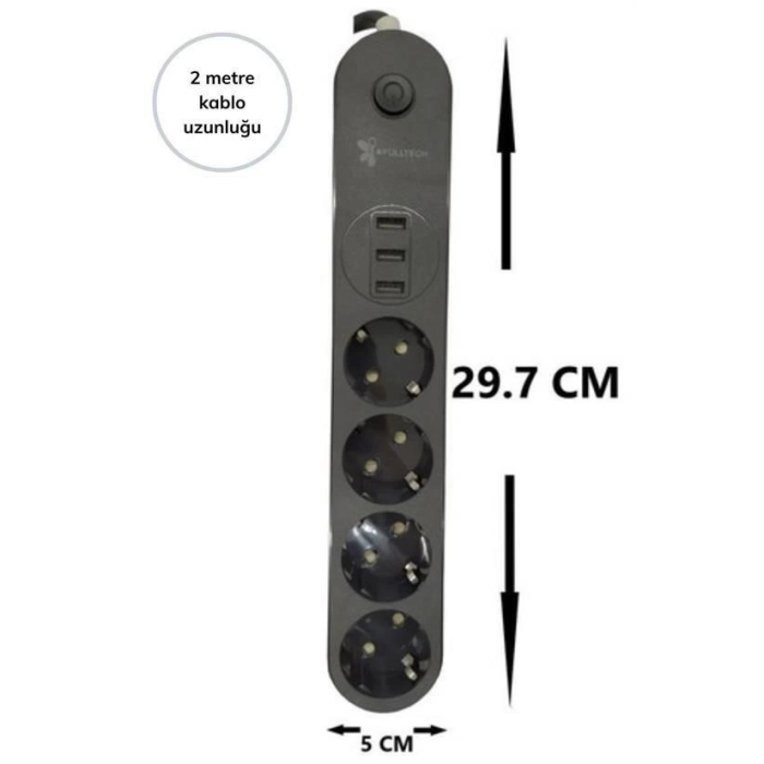 4lü Siyah Anahtarlı 3 Usb Li Akım Korumalı Topraklı Çocuk Korumalı Grup Priz 2 Metre ( Lisinya )
