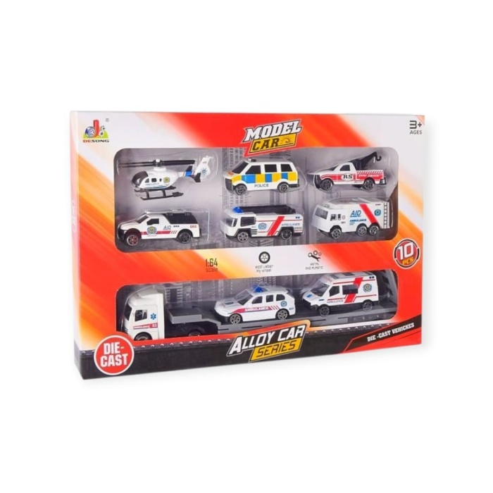 10 Parça Araç Taşıyan Tır Seti - Die Cast - DS047 - Ambulans (Lisinya)