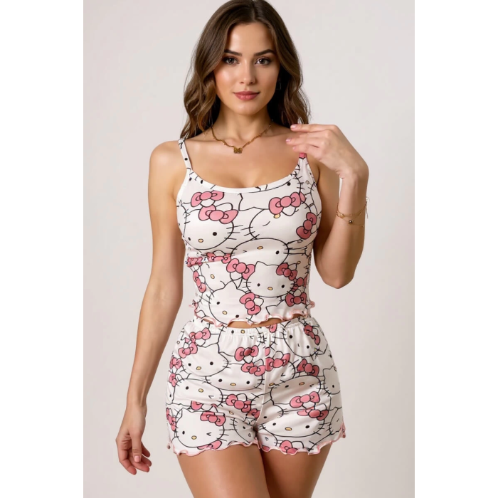 Hello Kitty Baskılı Askılı Şortlu Pijama Takımı