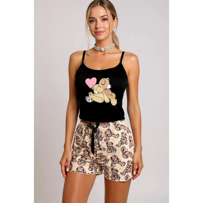 Renkli Ayıcık Desenli Askılı Şortlu Kadın Pijama Takımı