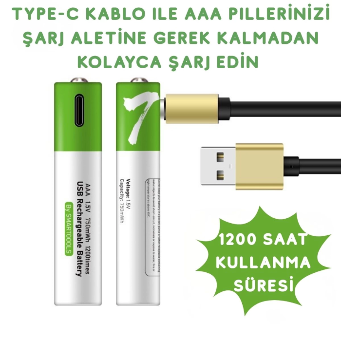 Usb Type-C ile Şarjolabilen 4 Adet AAA 1.5V Lityum Şarjlı Kalem Pil 750 mAH Uzun Ömürlü ( Lisinya )