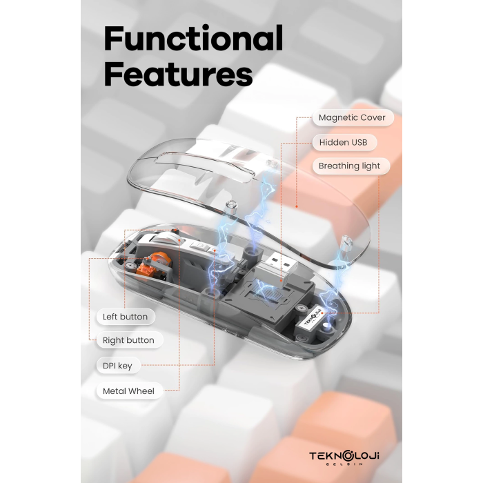 Bluetooth USB Çift Modlu Sessiz Mouse, Şeffaf Mıknatıslı Kapaklı, Type-C Şarjlı, DPI Ayarlı, Kablosuz 10m Çekim Mesafeli, Masaüstü Kısayol Tuşlu, Taşınabilir Şarjlı Mouse Beyaz ( Lisinya )