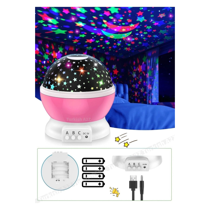 Pembe Dönen Renkli Ay Yıldızlı Gökyüzü Yansıtmalı Projeksiyon Gece Lambası Çocuk Bebek Parti Odası ( Lisinya )