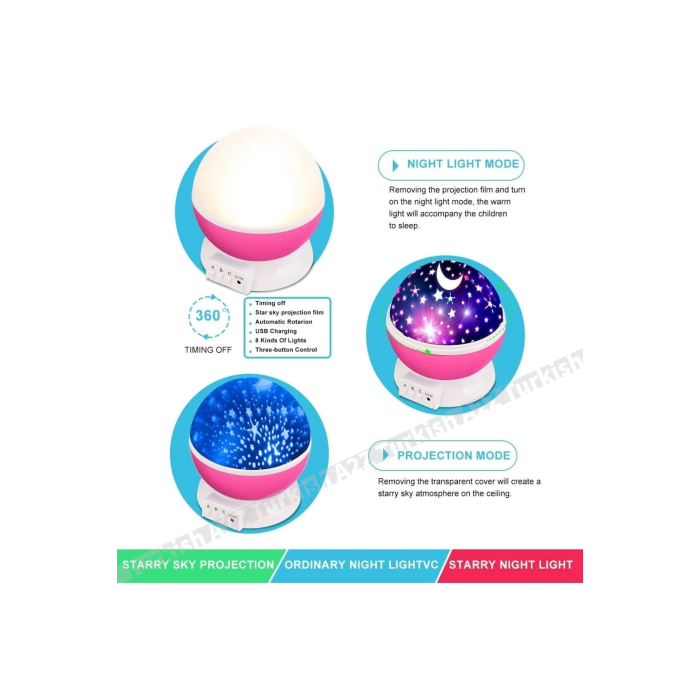 Pembe Dönen Renkli Ay Yıldızlı Gökyüzü Yansıtmalı Projeksiyon Gece Lambası Çocuk Bebek Parti Odası ( Lisinya )