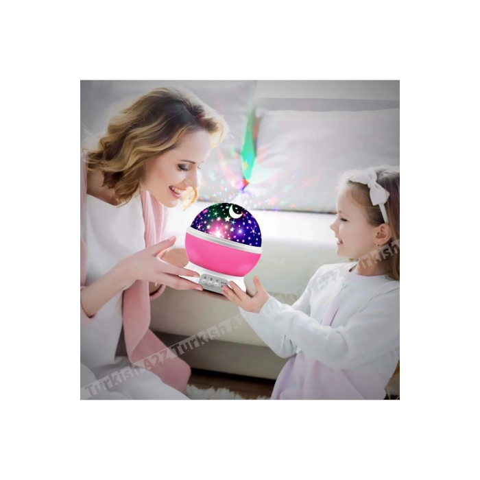 Pembe Dönen Renkli Ay Yıldızlı Gökyüzü Yansıtmalı Projeksiyon Gece Lambası Çocuk Bebek Parti Odası ( Lisinya )