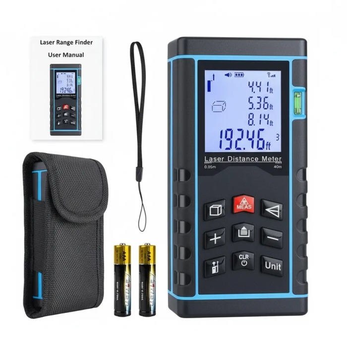 Profesyonel 40 Metre Dijital Lazer Metre Ölçer LCD Ekran, Su Terazili, Alan Hacim, Pisagor Hesaplama ve 20 Kayıt Hafızası ( Lisinya )