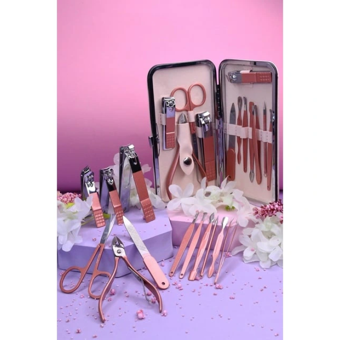 Profesyonel Çantalı Tırnak Bakım Manikür Seti Pembe Renk 12 Parça ( Lisinya )