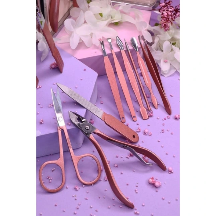 Profesyonel Çantalı Tırnak Bakım Manikür Seti Pembe Renk 12 Parça ( Lisinya )