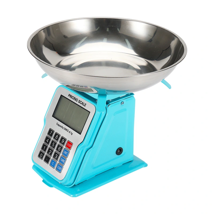 30kg 1g Dijital Kefeli Terazi Pilli ve Adaptörlü Elektronik Tartı, Paslanmaz Çelik Tepsili Tutar Hesaplama Mavi ( Lisinya )