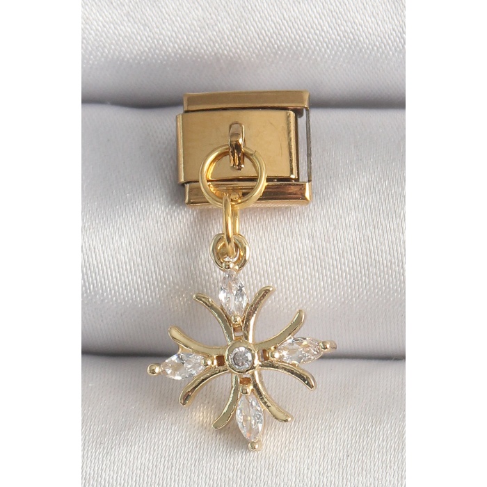 316L Çelik Gold Renk Sallantı Zirkon Taşlı Kar Tanesi Model Nomination Charm - Lisinya