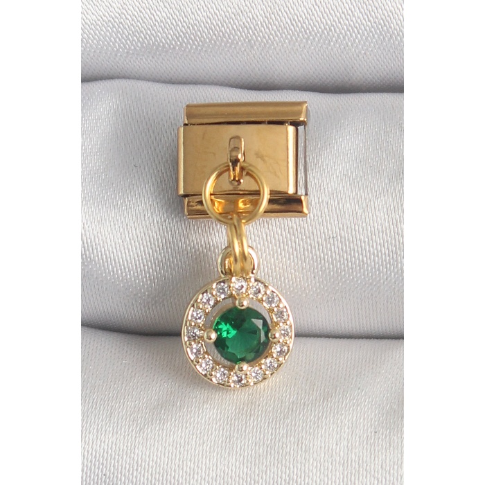 316L Çelik Gold Renk Sallantı Yeşil Zirkon Taşlı Nomination Charm - Lisinya
