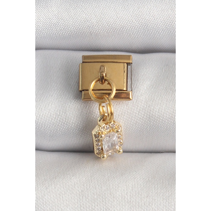 316L Çelik Gold Renk Sallantı Zirkon Taşlı Kare Model Nomination Charm - Lisinya