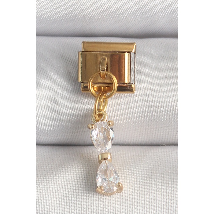 316L Çelik Gold Renk Sallantı Zirkon Taşlı Kurdele Model Nomination Charm - Lisinya