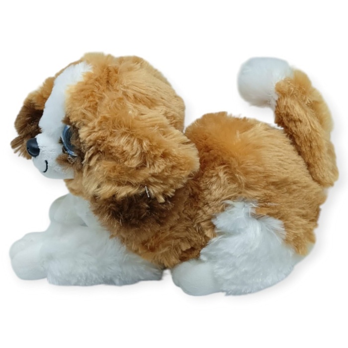 Sesli Peluş Yatan Köpek 25 cm - Kahve Beyaz (Lisinya)