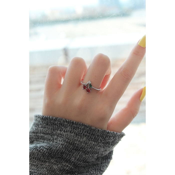 Ayarlamalı Gümüş Renk Kristal Taşlı Kiraz Yüzük - Lisinya