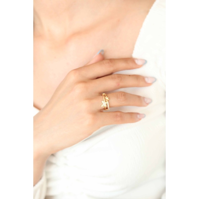 Zirkon Taşlı Altın Kaplama Kelebek Kadın Yüzük - Lisinya