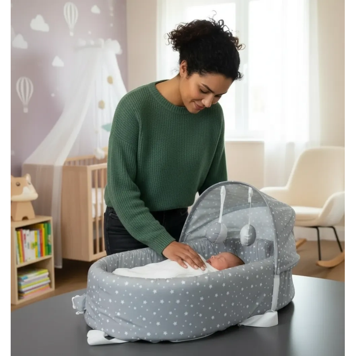Taşınabilir Portatif Bebek Yatağı,Sırt Çantasına Dönüşebilen Portatif Bebek Beşiği (Gri) ( Lisinya )