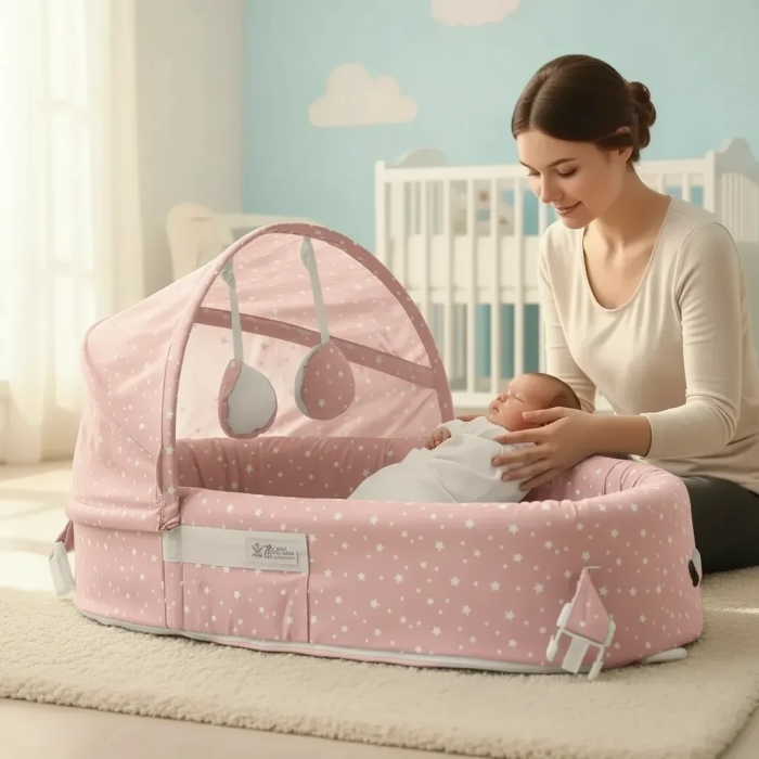 Taşınabilir Portatif Bebek Yatağı,Sırt Çantasına Dönüşebilen Portatif Bebek Beşiği (Pembe) ( Lisinya )