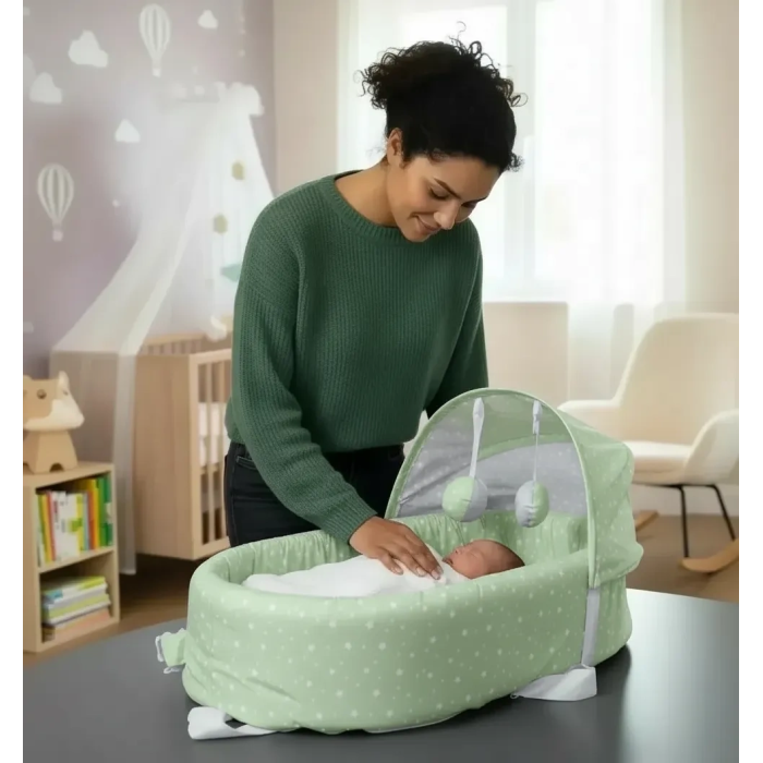 Taşınabilir Portatif Bebek Yatağı,Sırt Çantasına Dönüşebilen Portatif Bebek Beşiği (Yeşil) ( Lisinya )