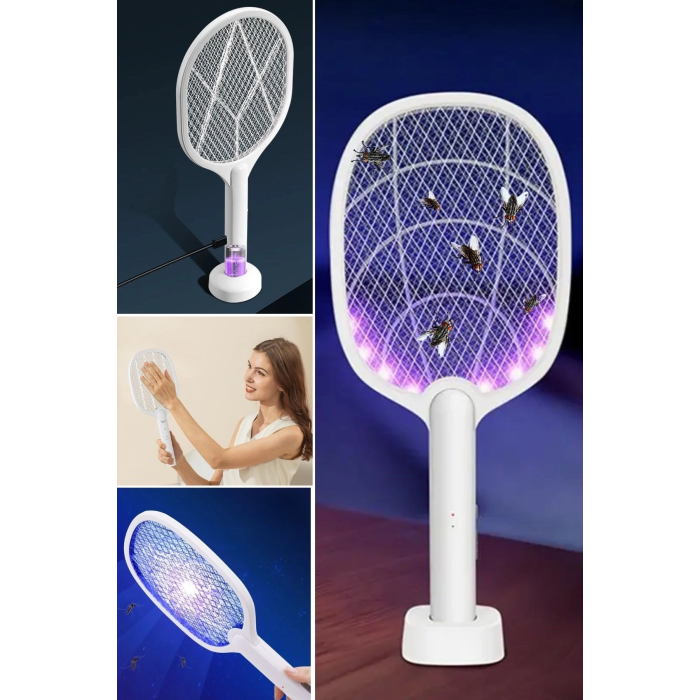 Şarjlı Sinek Öldürücü Masaüstü Standlı,mor Işık Sinek Kovucu Raket 5w ( Lisinya )