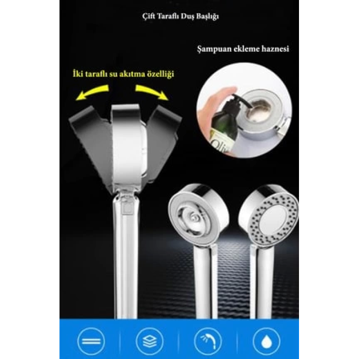 Çift Taraflı Yüksek Basınçlı Su Akıtan Şampuan Hazneli Tasarruflu Duş Başlığı ( Lisinya )