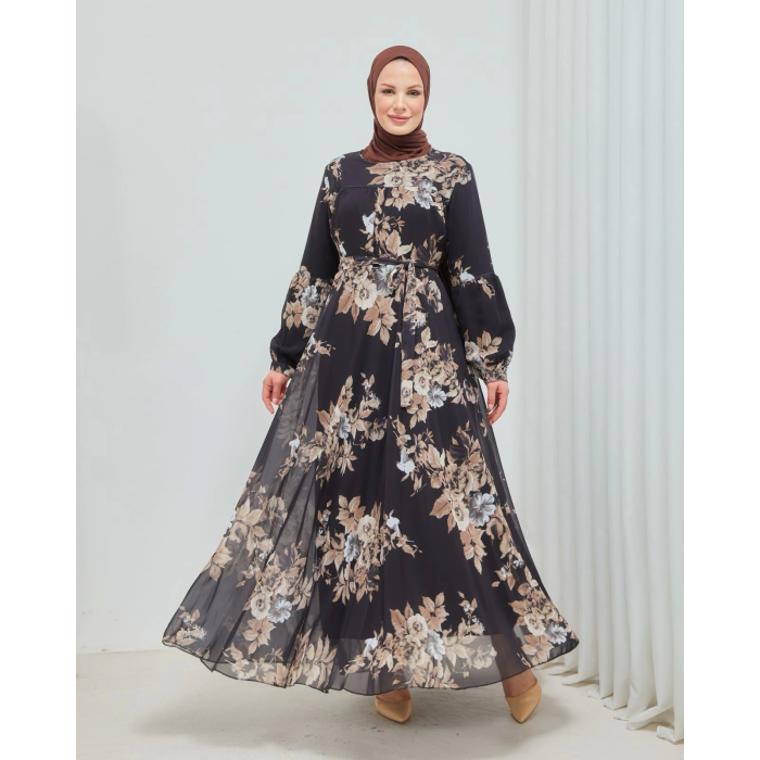 Yaprak Desenli Zarif ve Şık Uzun Boy Büyük Beden Astarlı Şifon Elbise ( Lisinya )