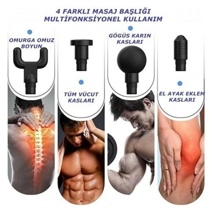 Darbeli Titreşimli Tabanca Masaj Aleti Kas Rahatlatıcı 4 Başlıklı Şarjlı Göbek Eritme Cihazı Zayıflama ve Selülit Giderme ( Lisinya )