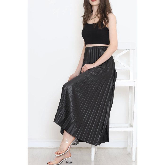 Zarif ve Modern Pileli Parlak Krep Gizli Lastikli Siyah Etek ( Lisinya )