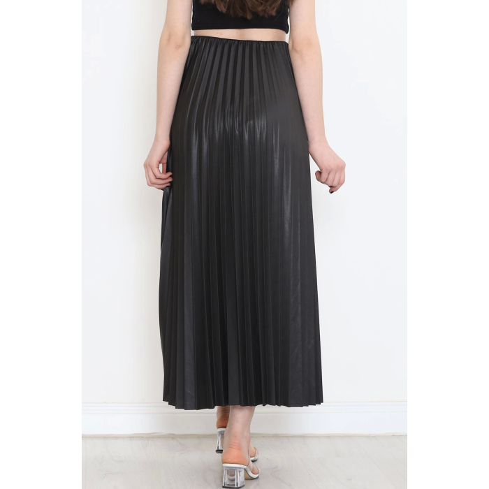 Zarif ve Modern Pileli Parlak Krep Gizli Lastikli Siyah Etek ( Lisinya )