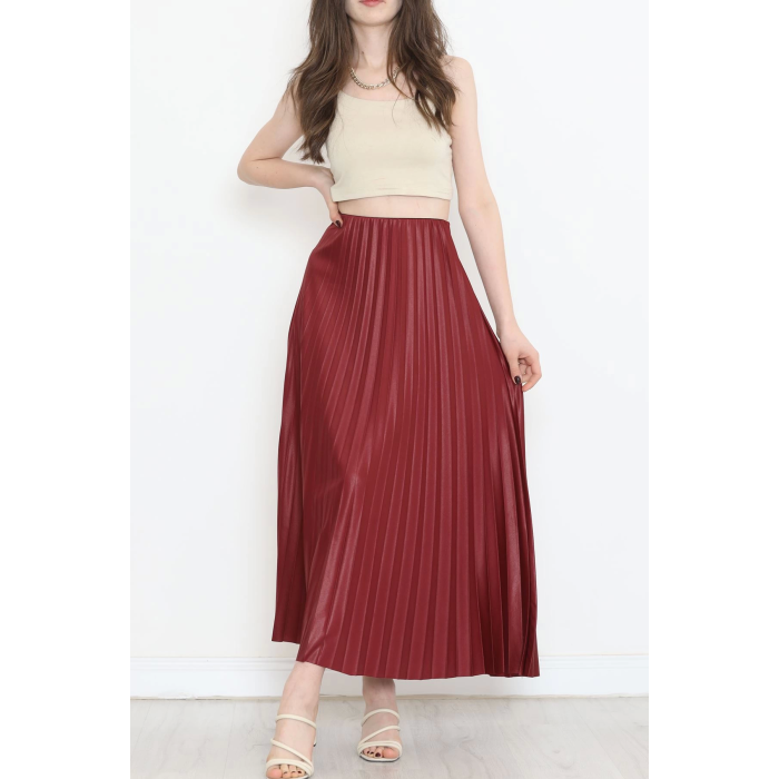 Zarif ve Modern Pileli Parlak Krep Gizli Lastikli Bordo Etek ( Lisinya )