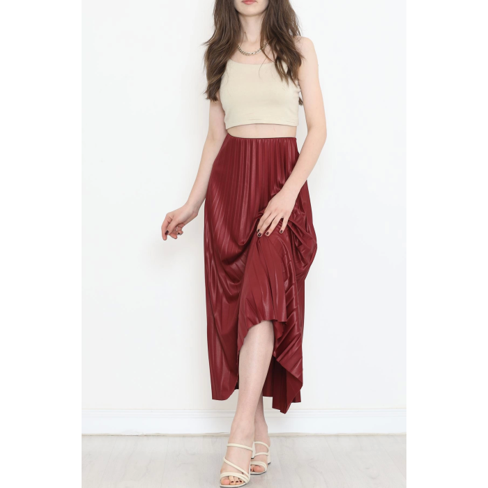Zarif ve Modern Pileli Parlak Krep Gizli Lastikli Bordo Etek ( Lisinya )